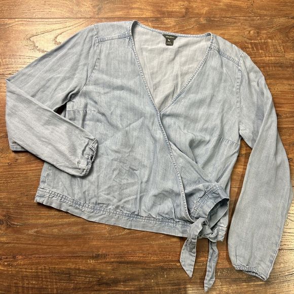 Eddie Bauer Denim Look Tunic‎ Side Tie Top Women's Large Western Boho Southwest - Picture 1 of 8